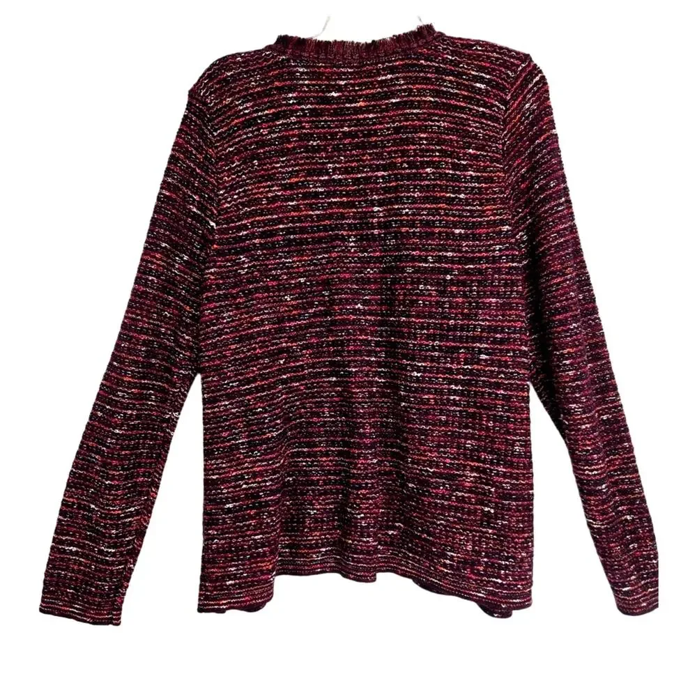 J.Jill NWT Large Tweed Cardigan‎ Sweater Multicolor Cranberry Fringe Boho #778